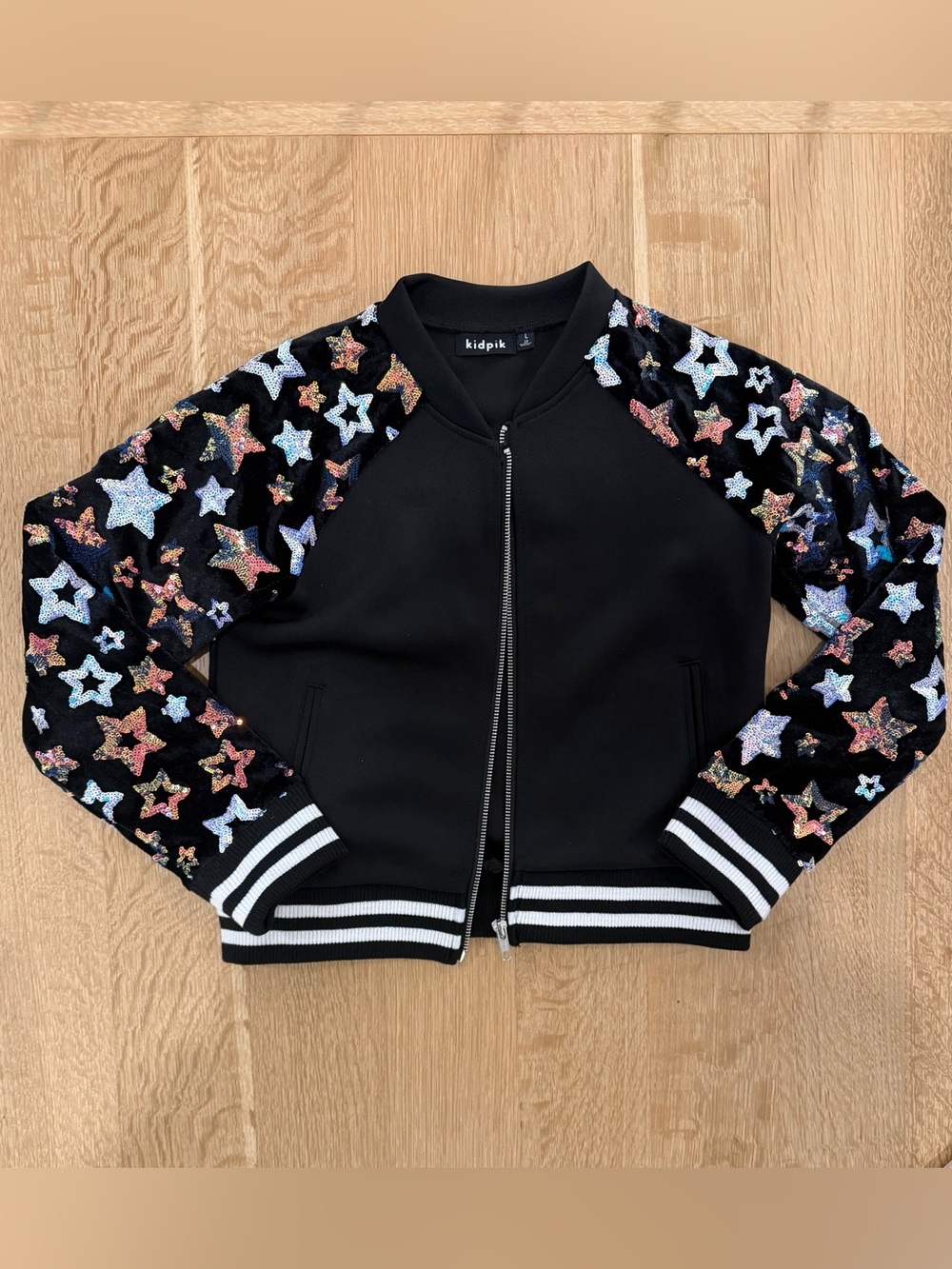 kidpik Black Star Sequin Bomber Jacket & Velvet Arms, girls L
